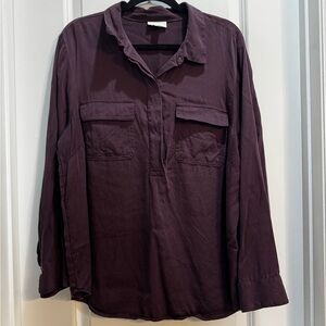 J. Jill Plum Half Buttoned LongSleeve Shirt XL RollUp Tab Sleeve Collared Rayon